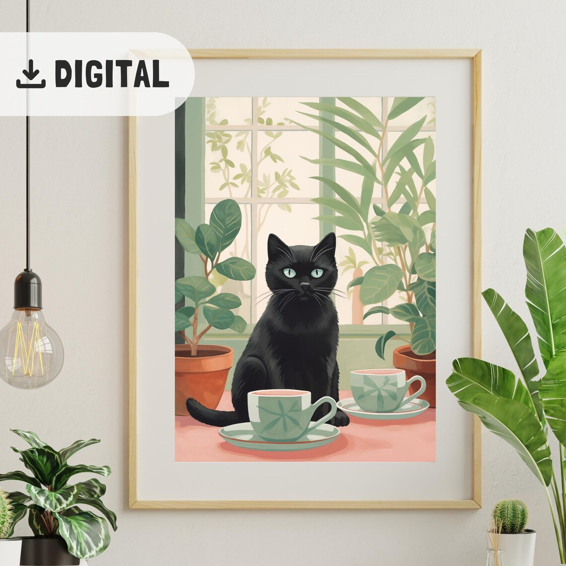 Black Cat Tea Time With Teacups and Plants Window Sill Kitchen Wall Art - Image 3