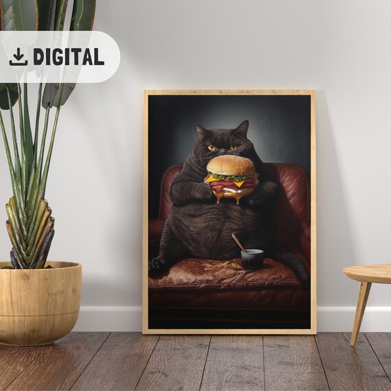 Fat Black Cat Eating Cheeseburger in Leather Chair Funny Poster