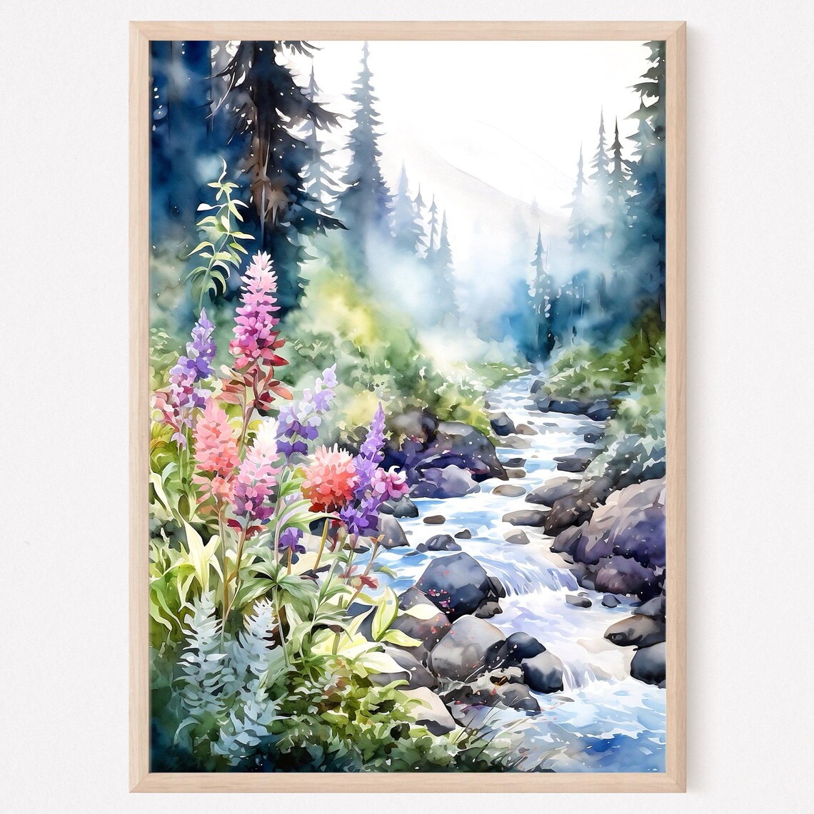 Mountain Stream Wildflowers Pine Forest Watercolor Nature Art Print