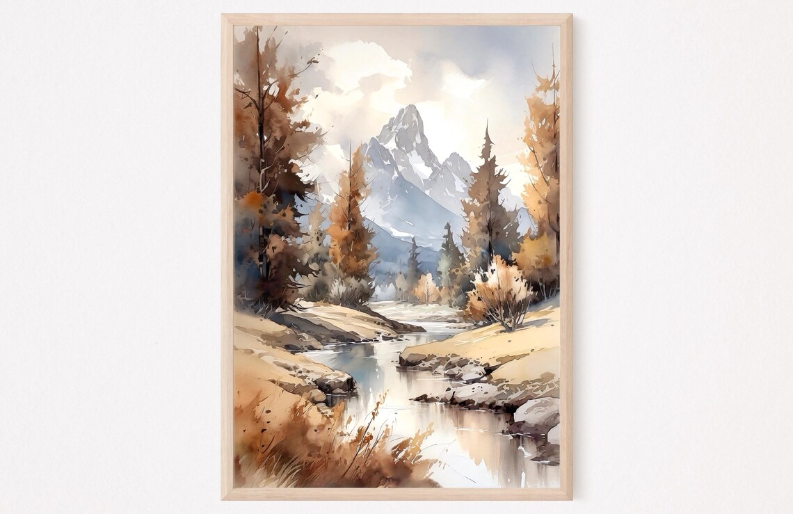 Autumn River Valley Golden Trees Snow Peak Watercolor Mountain Poster