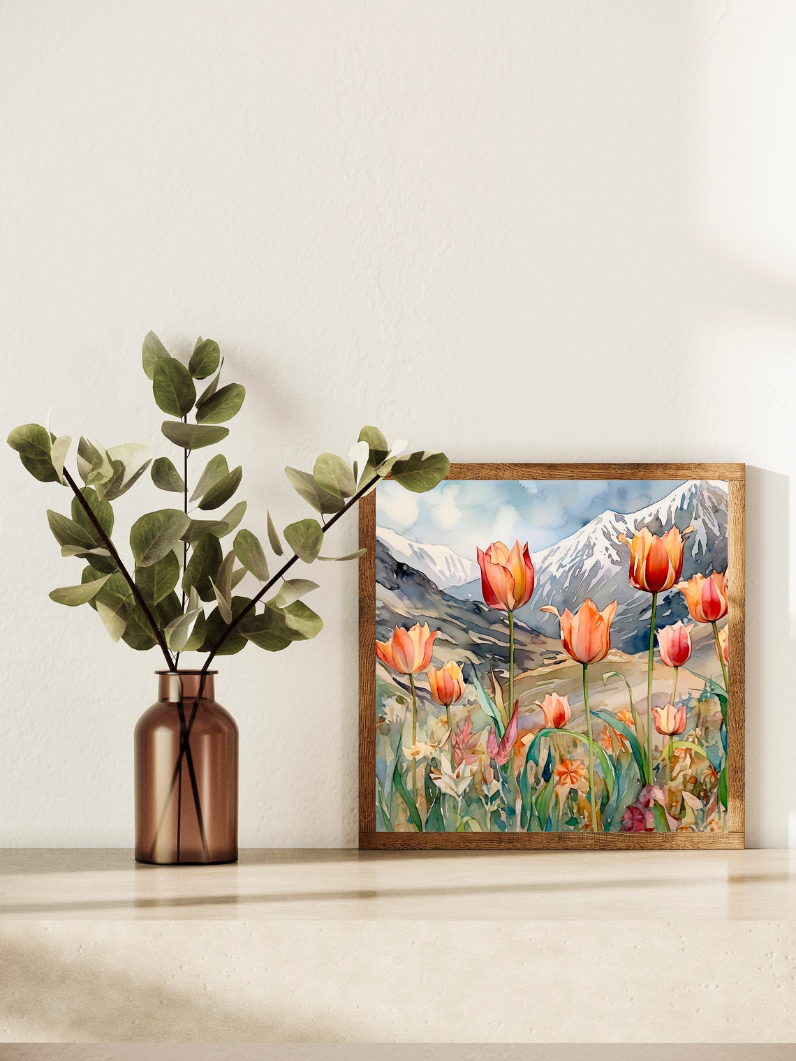Orange Tulips Blooming Field Snowy Mountain Backdrop Watercolor Poster - Image 4