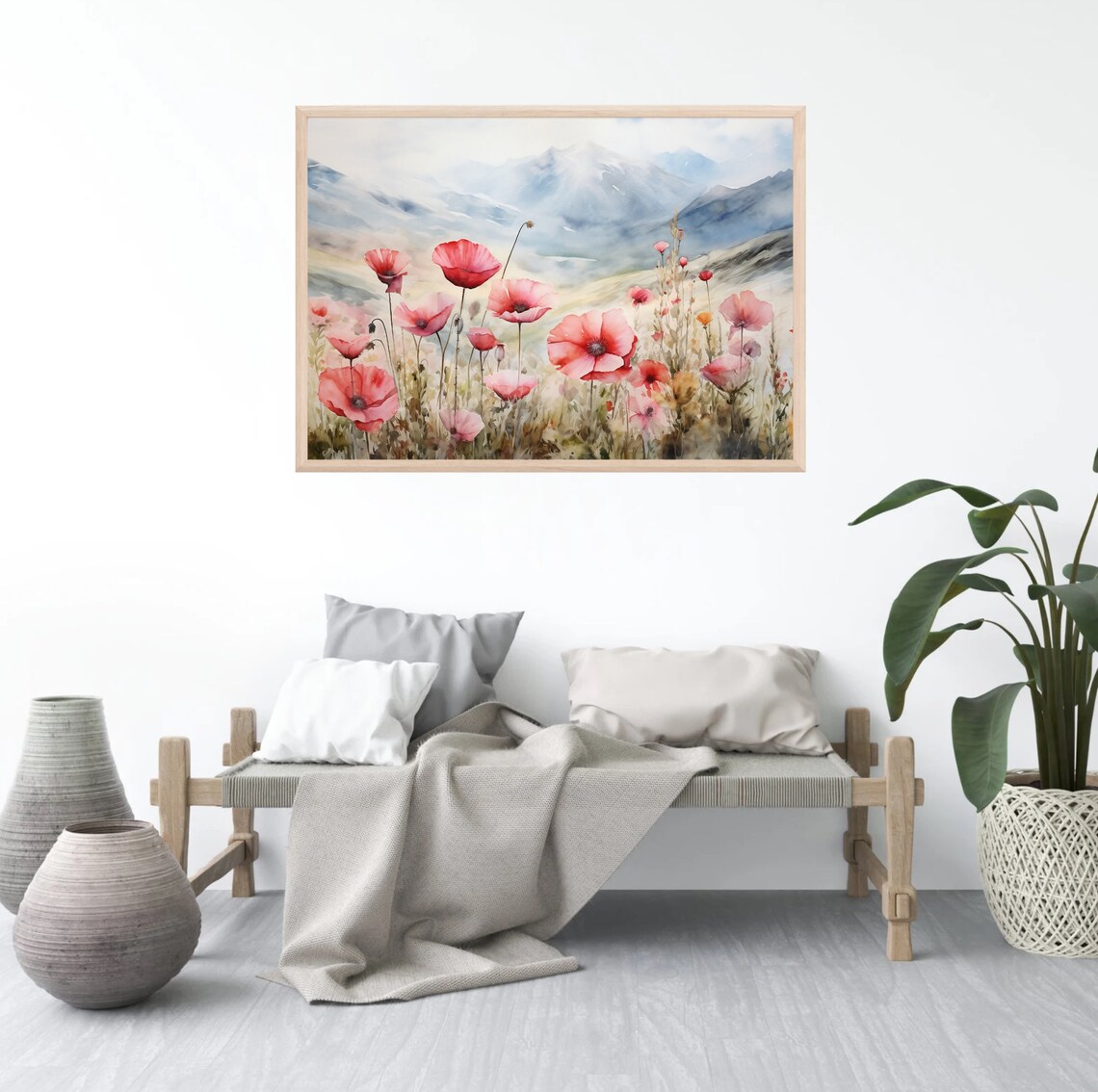 Red Poppies Blooming Field Misty Mountain Backdrop Watercolor Poster - Image 3