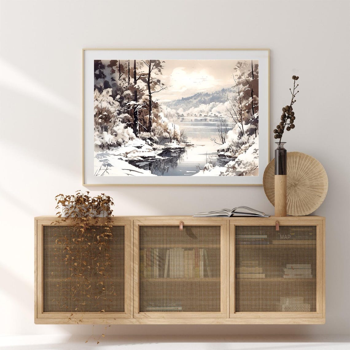 Winter Forest Lake Mountain Landscape Watercolor Art Print - Image 3