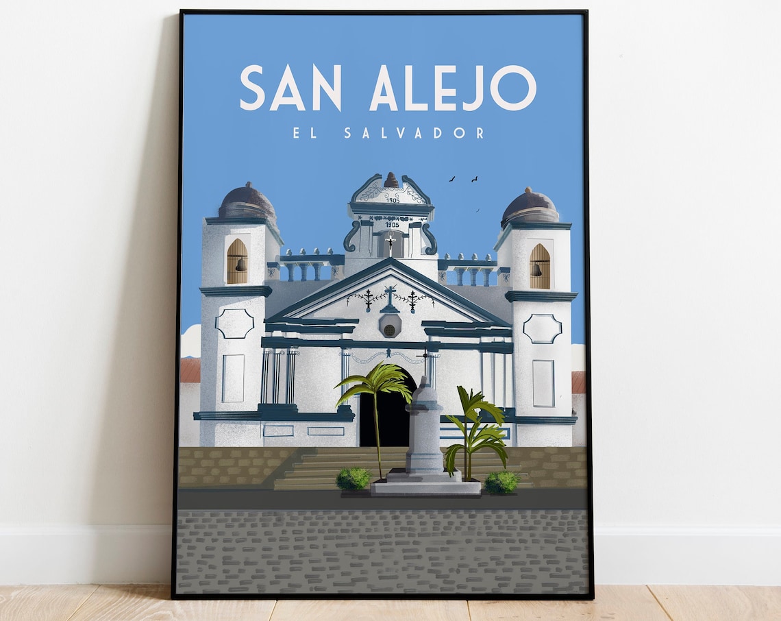 San Alejo El Salvador White Colonial Church Bells Travel Poster