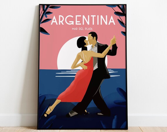 Argentina Tango Travel Poster Mar Del Plata Sunset Dance Scene