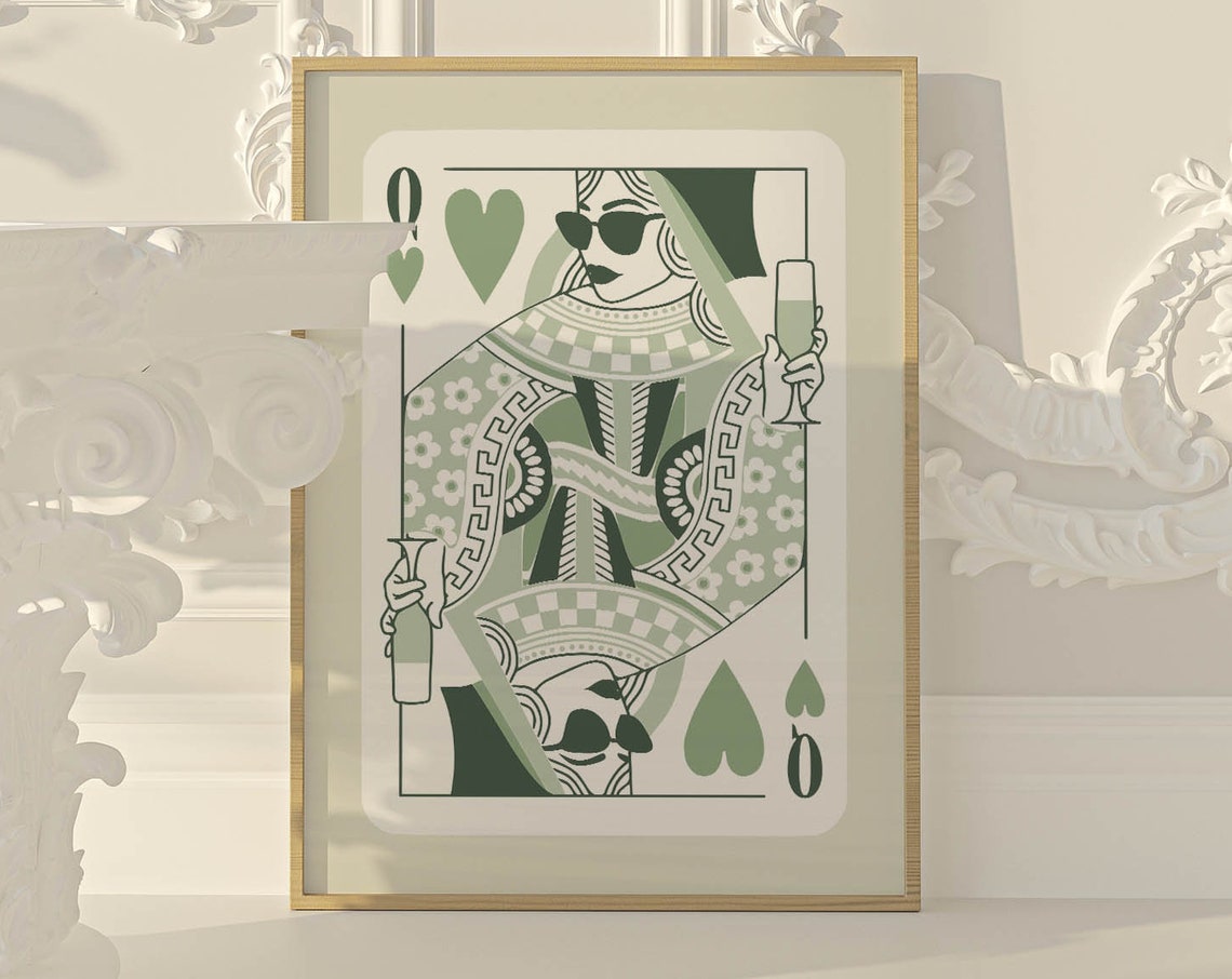 Queen Of Hearts Sage Green Art Print