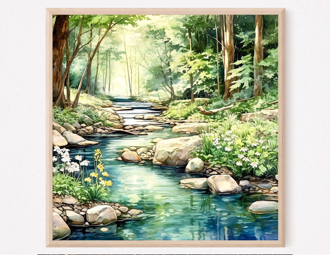 Forest River Watercolor Nature Landscape Art Print