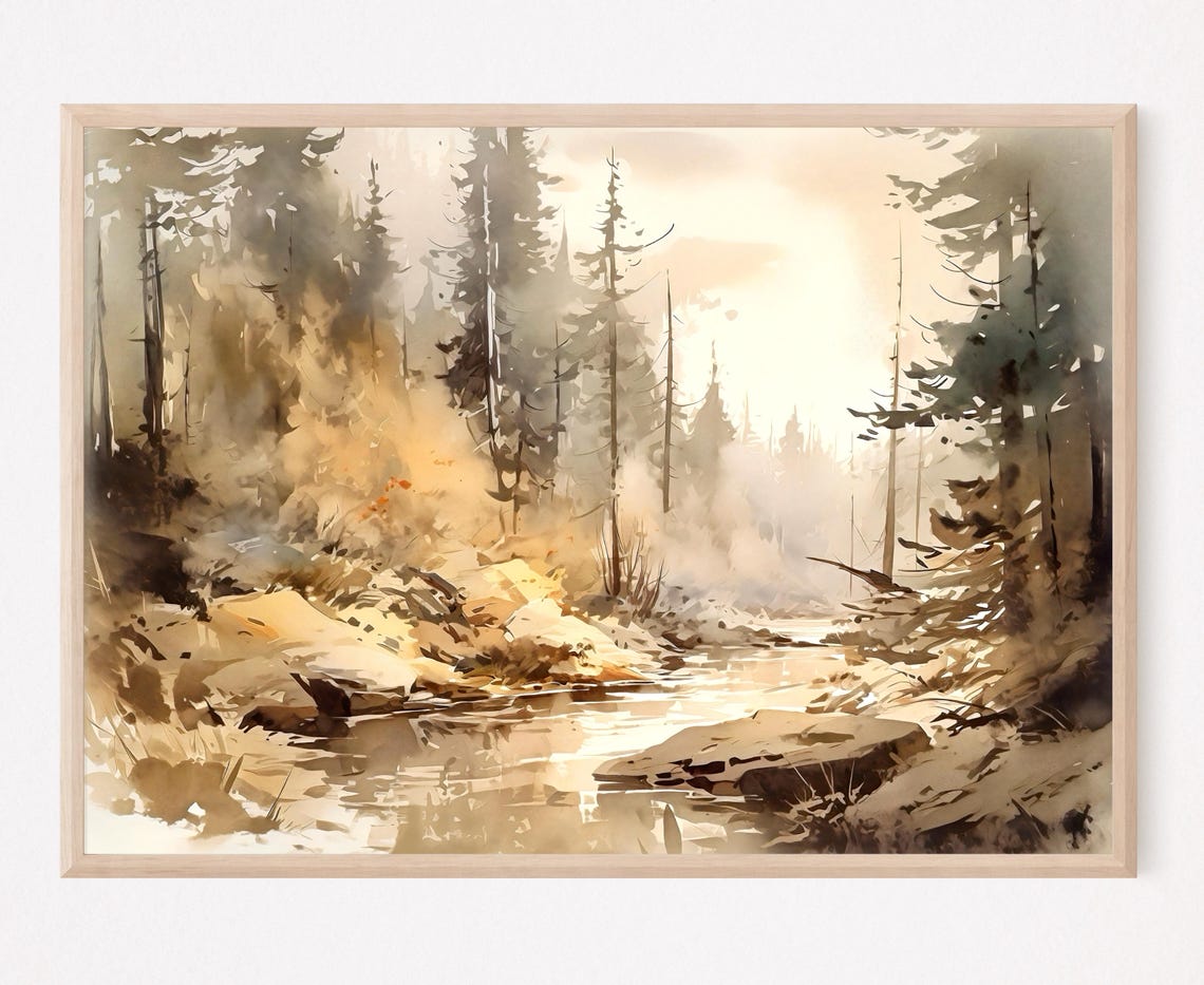 Misty Evergreen Forest Stream Soft Morning Light Watercolor Poster