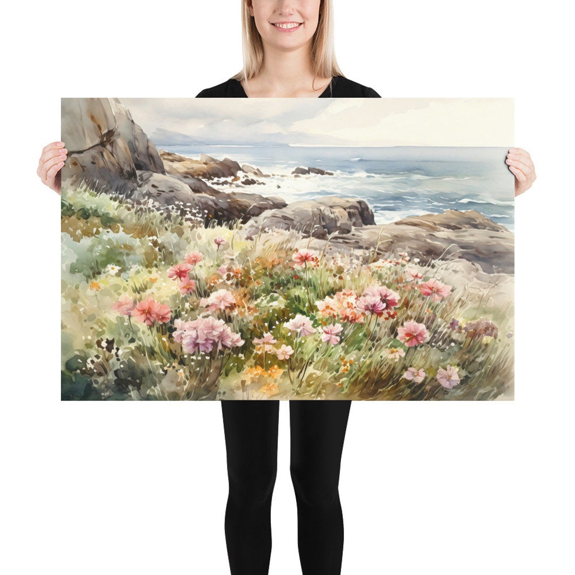 Pink Wildflowers Blooming Over Rocky Sea Cliff Watercolor Poster - Image 5