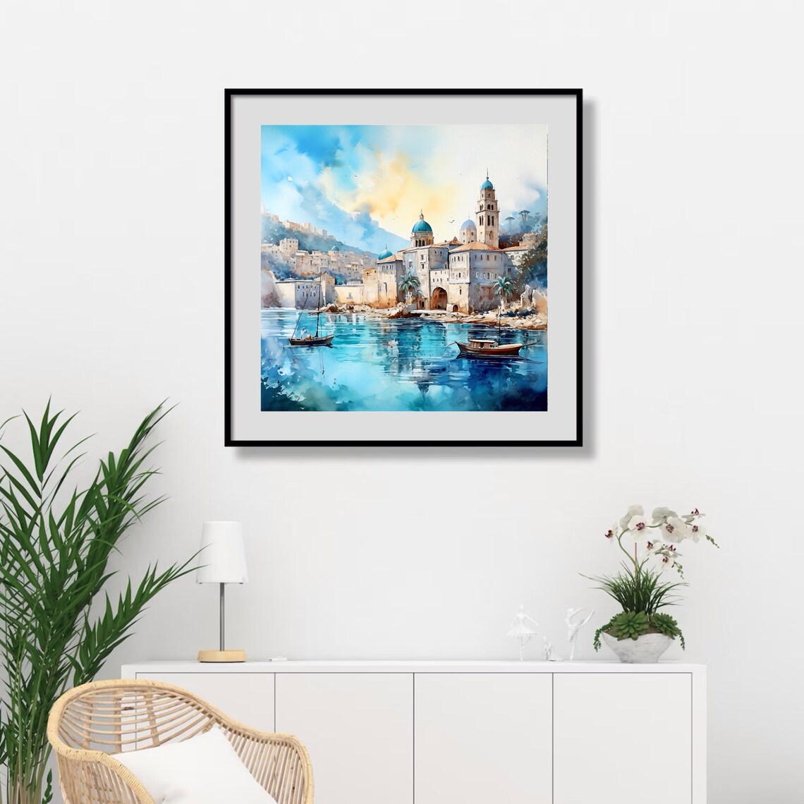 Dubrovnik Old Town Harbor with Boats and Domes Watercolor Poster - Image 2