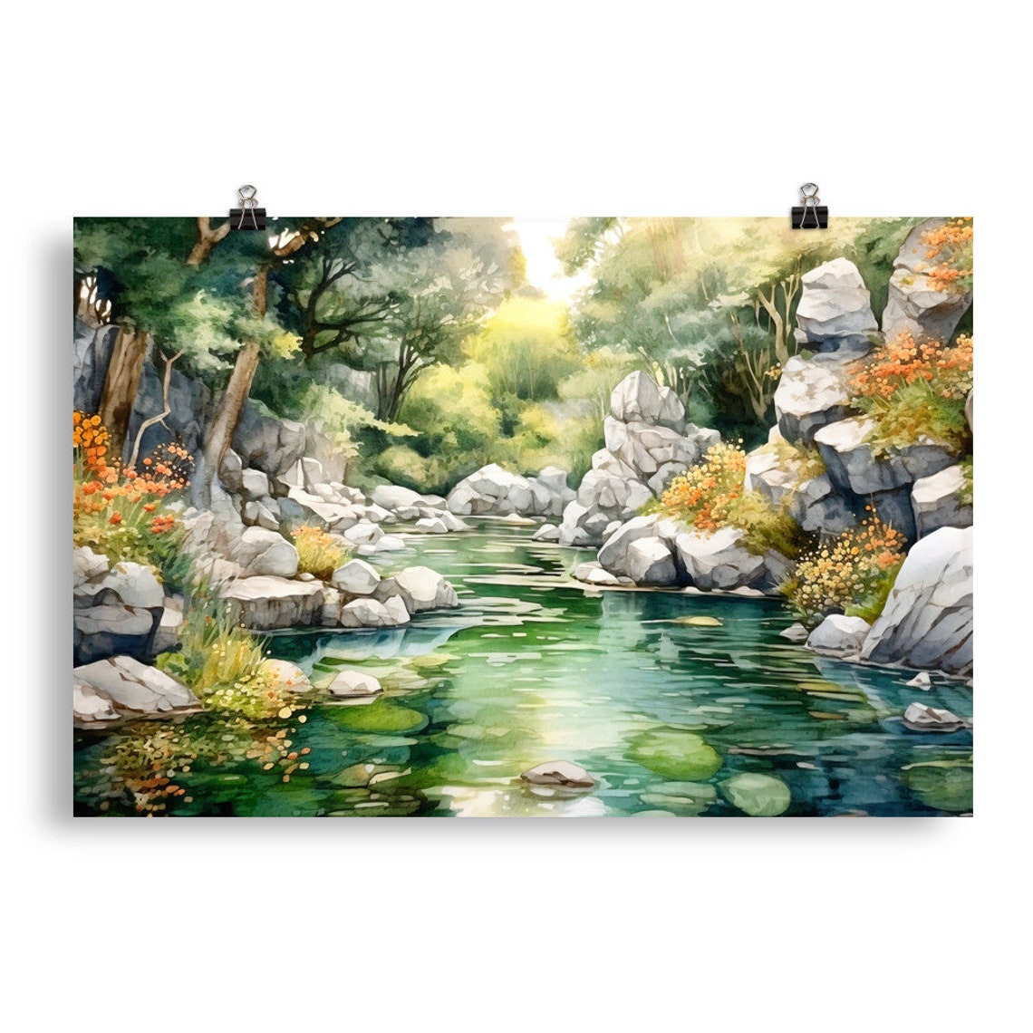 Emerald Forest River White Boulders Orange Wildflowers Art Poster - Image 5