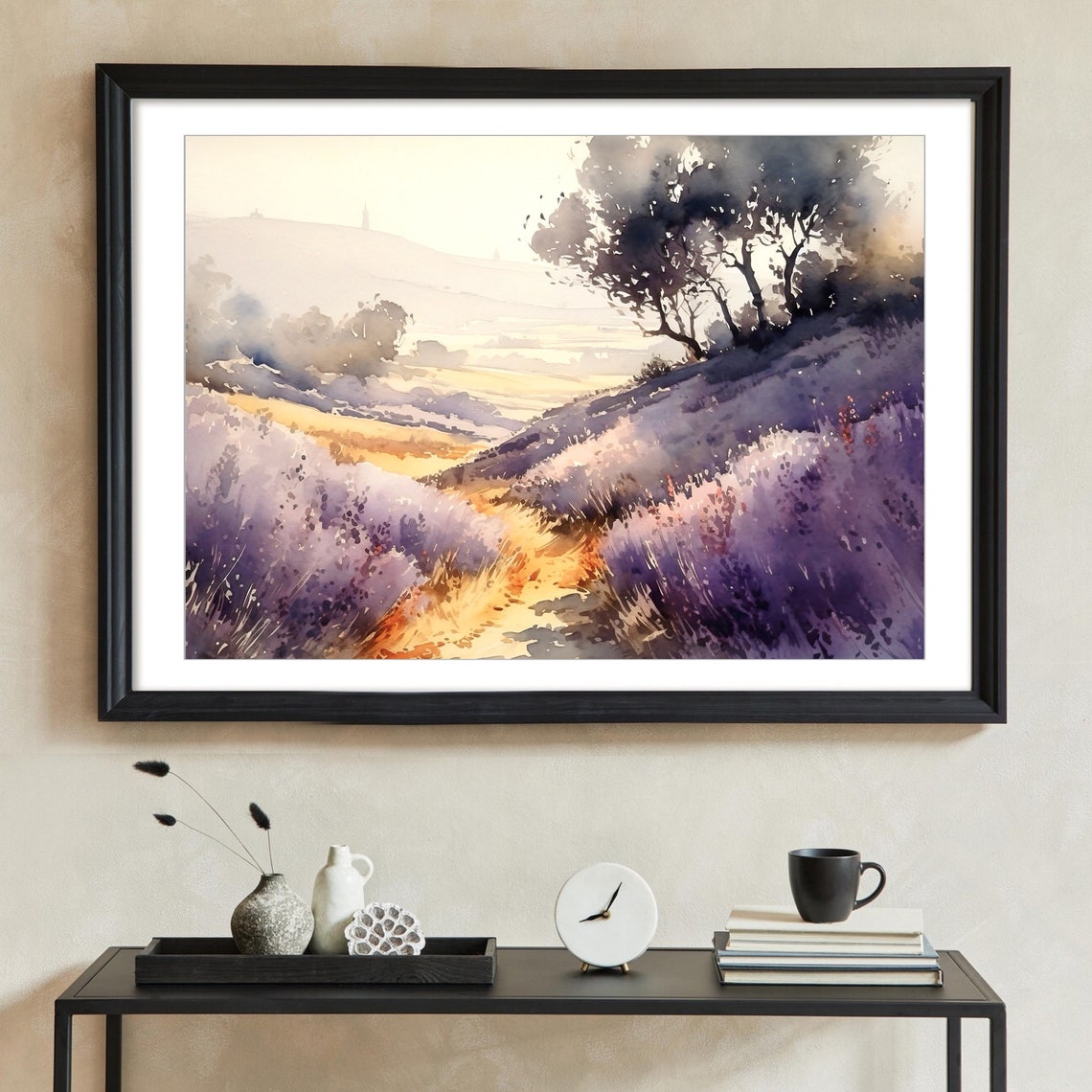 Lavender Field Golden Sunset Hills Watercolor Nature Art Poster - Image 2
