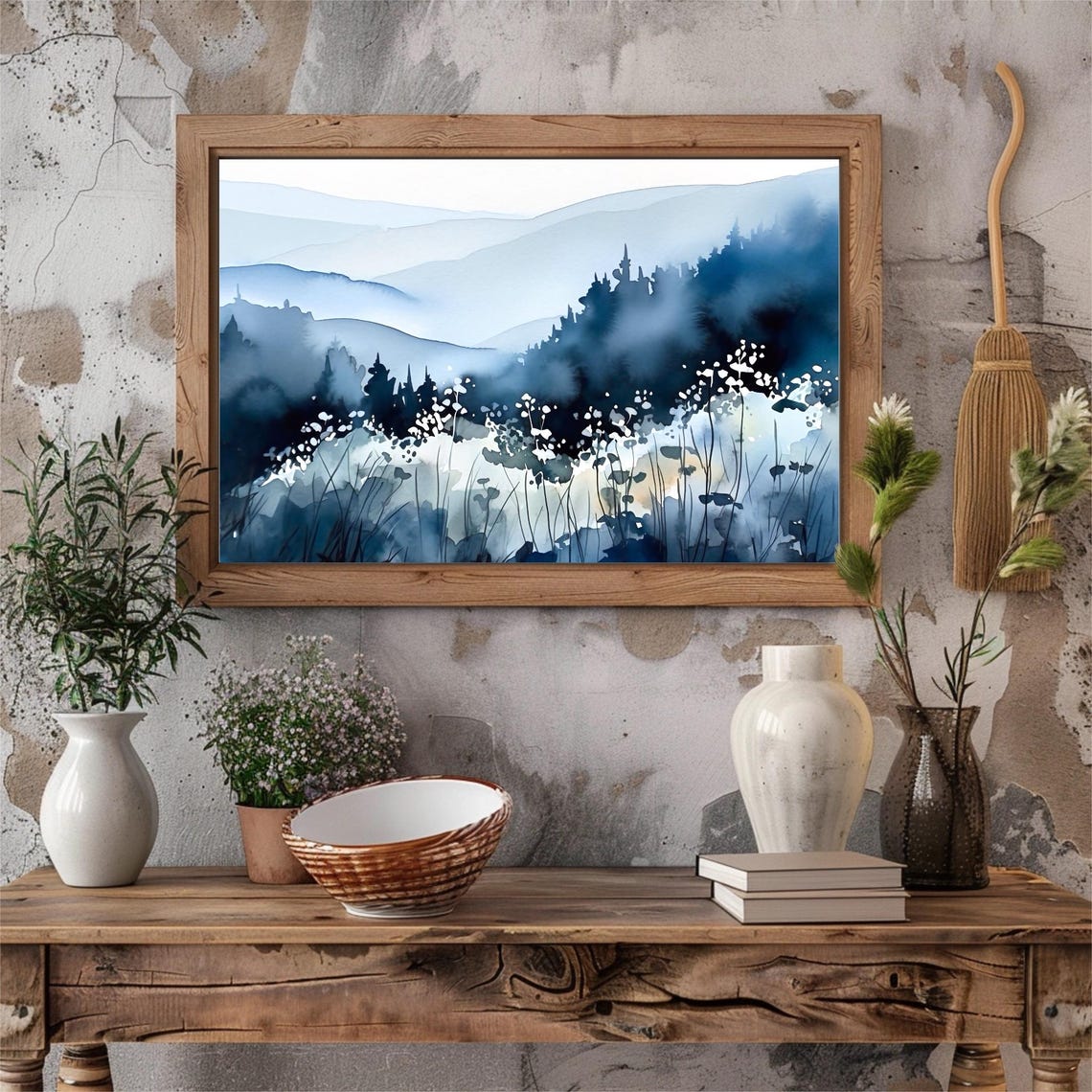 Blue Misty Mountain Ridges Wildflowers Watercolor Landscape Poster - Image 5