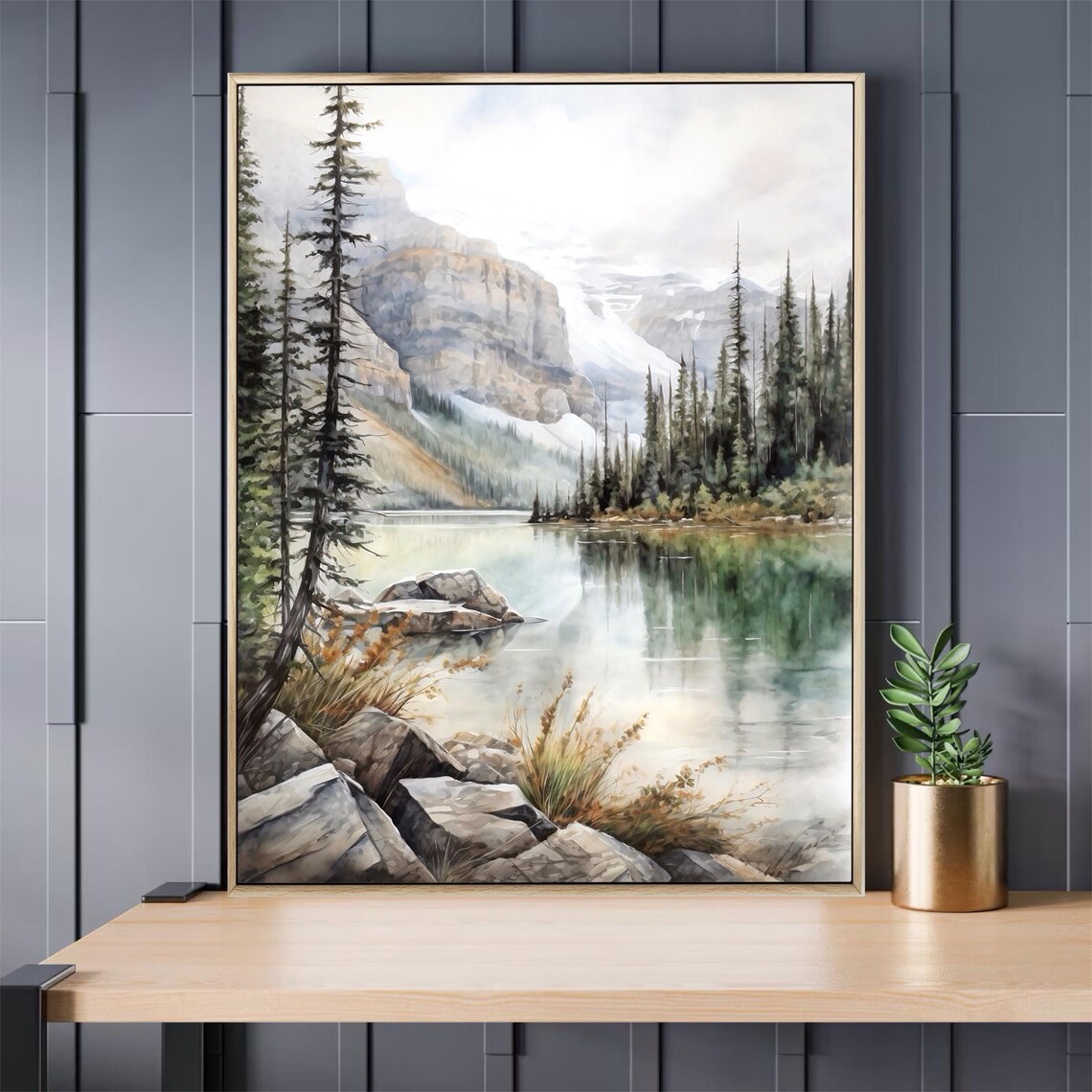 Banff National Park Rocky Lake Pine Shore Watercolor Mountain Poster - Image 3
