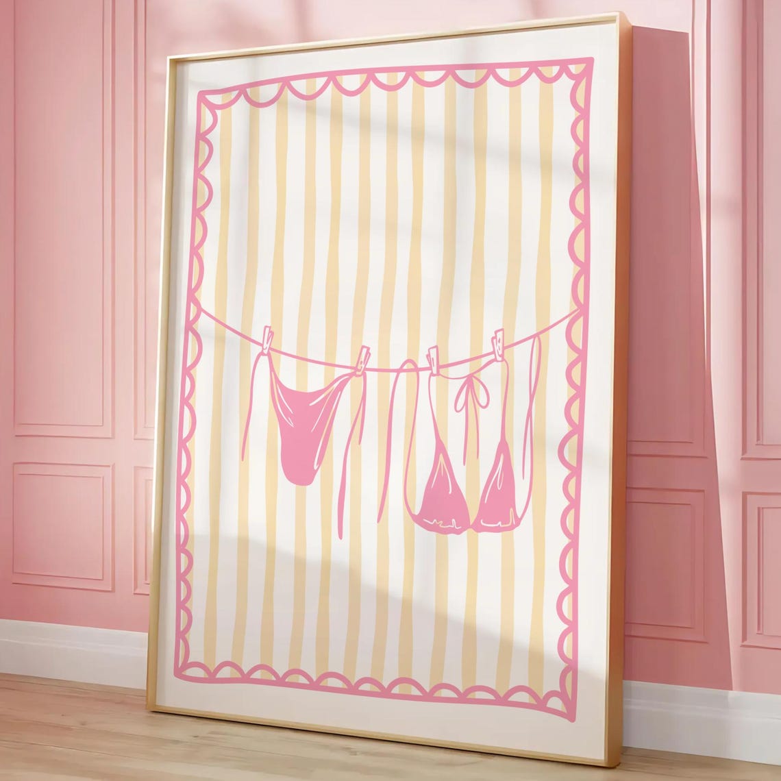 Pink Bikini Clothesline Poster Striped Girly Summer Beach House Decor