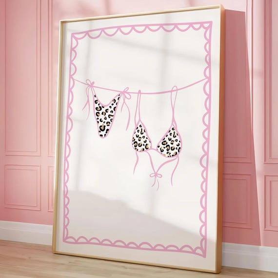 Leopard Bikini Print On Clothing Line Pink Coquette Decor Beachy Wall Art Trendy Apartment Cheetah Girly College Dorm