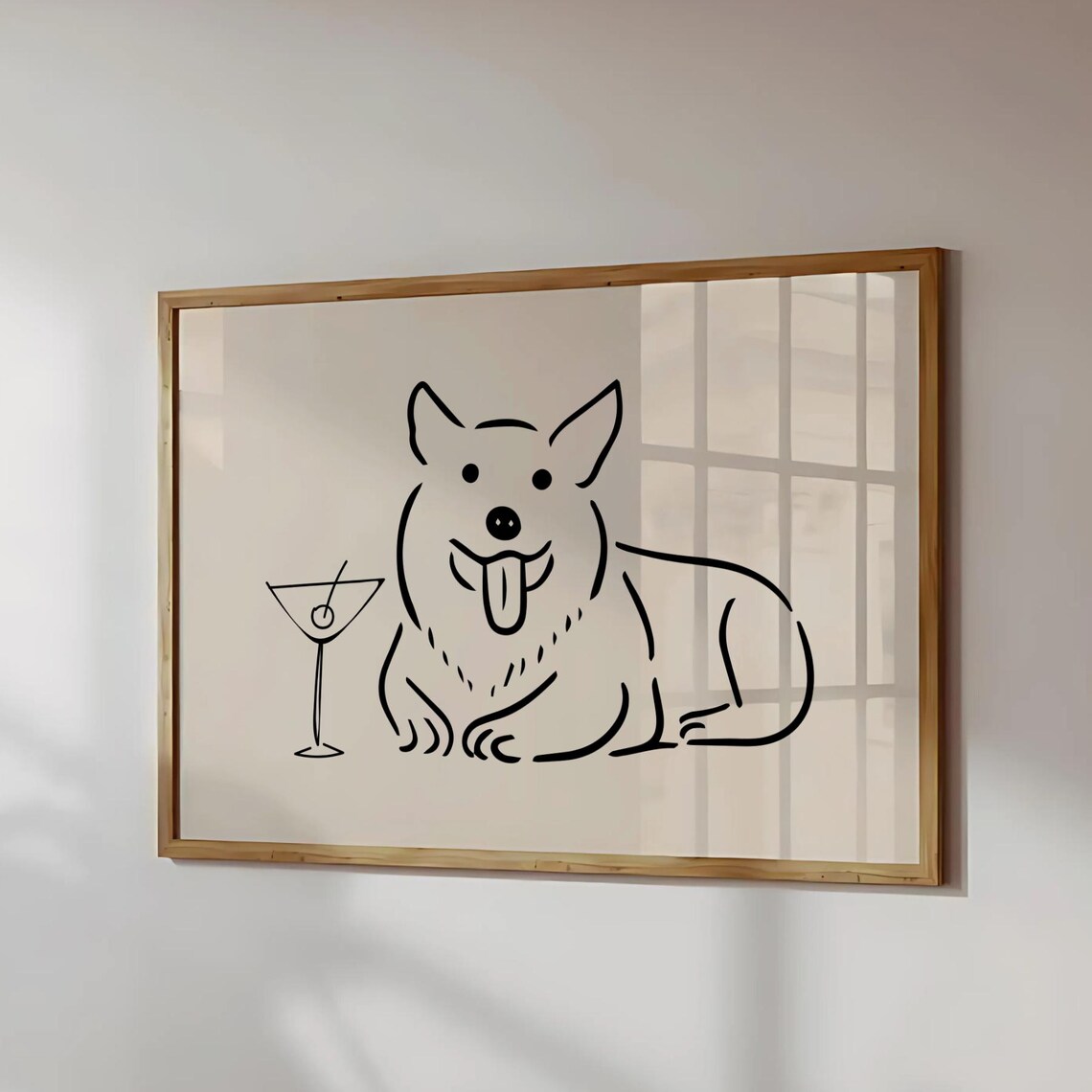 Corgi Cocktail Line Drawing Poster Funny Dog Bar Cart Wall Decor