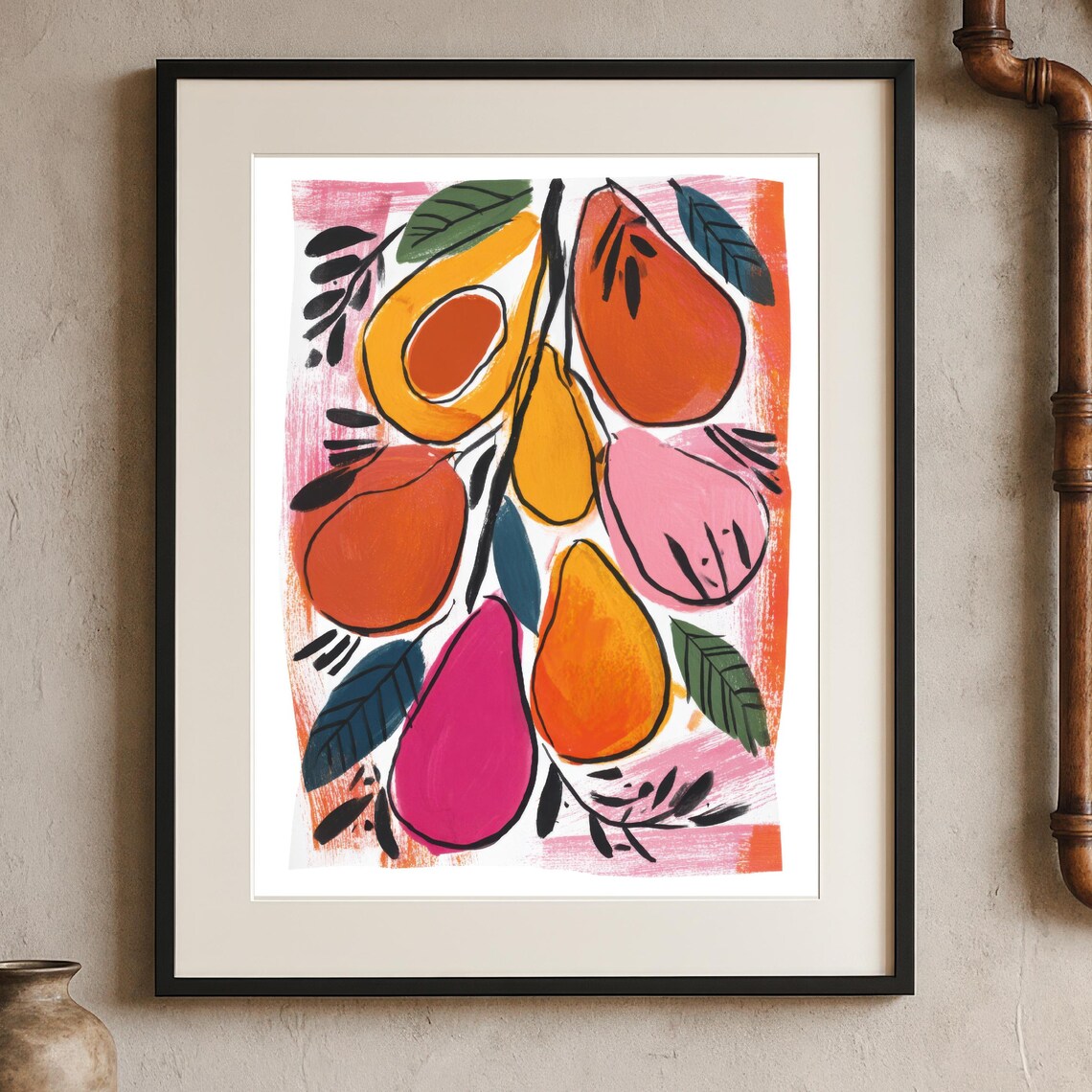 Abstract Avocado Fruit Branch Print Colorful Gouache Botanical Art Modern Boho Wall Decor