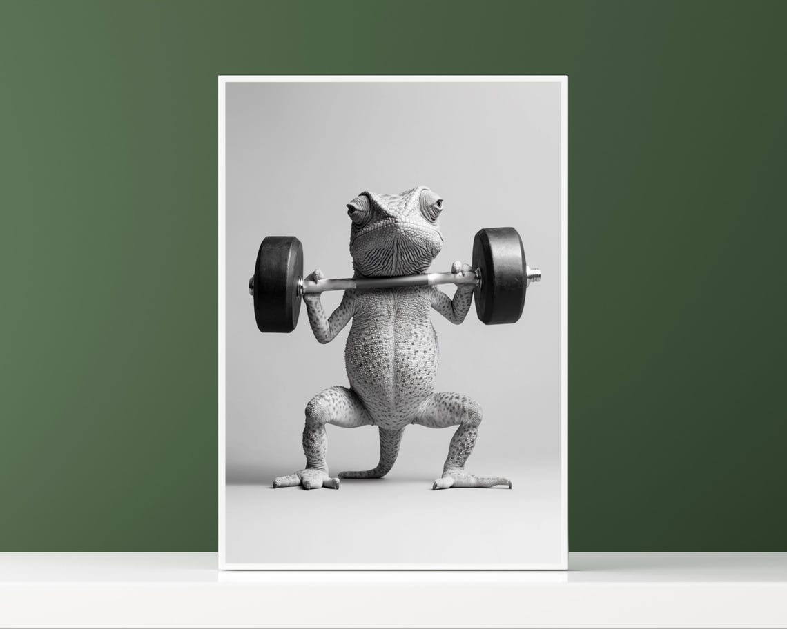 Funny Fitness Poster Chameleon With Barbell Humorous Animal Art Gift For Fitness Enthusiasts Animal Illustration - Image 2