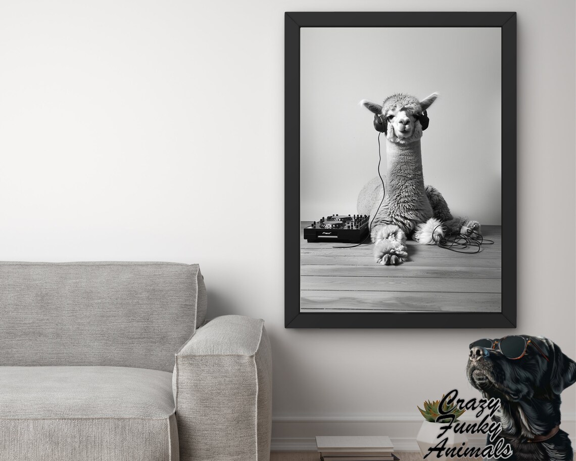 Funny Alpaca DJ with Headphones Beside a Music Mixer Deck Poster - Image 2