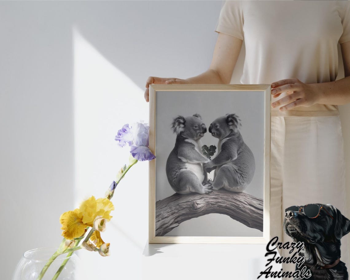 Two Loving Koalas Sitting on a Branch Romantic Black and White Poster - Image 3