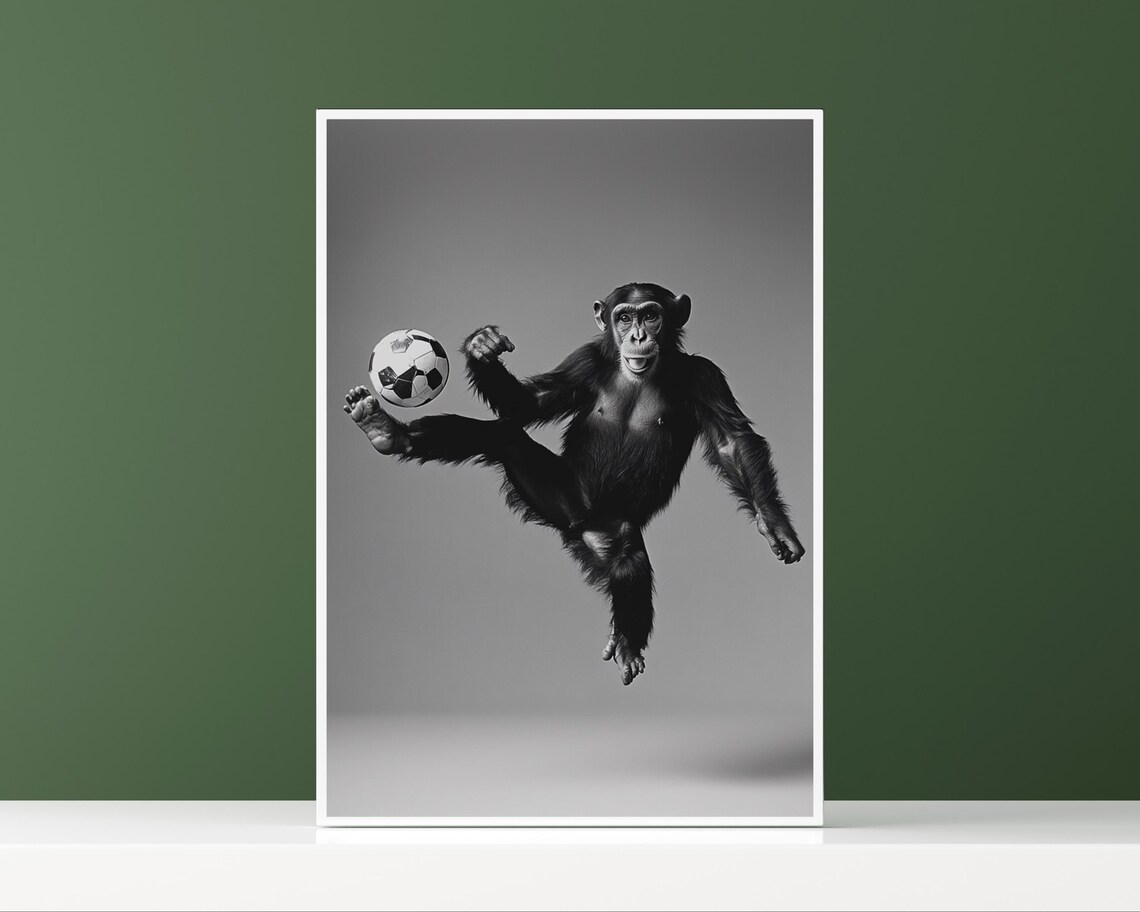Chimpanzee Kicking a Soccer Ball Mid Air Funny Sports Black and White Poster - Image 3