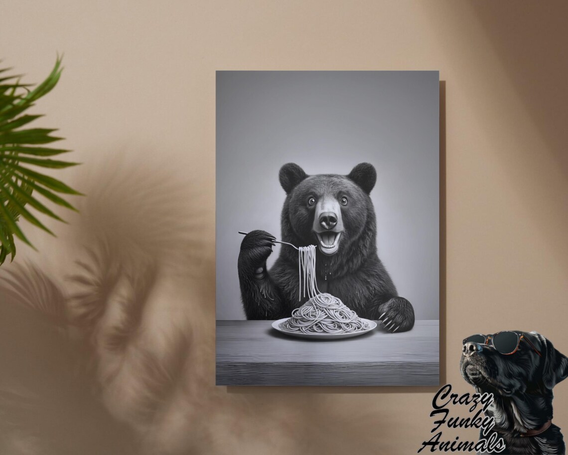 Bear Happily Eating Spaghetti with a Fork Funny Kitchen Black and White Poster - Image 2