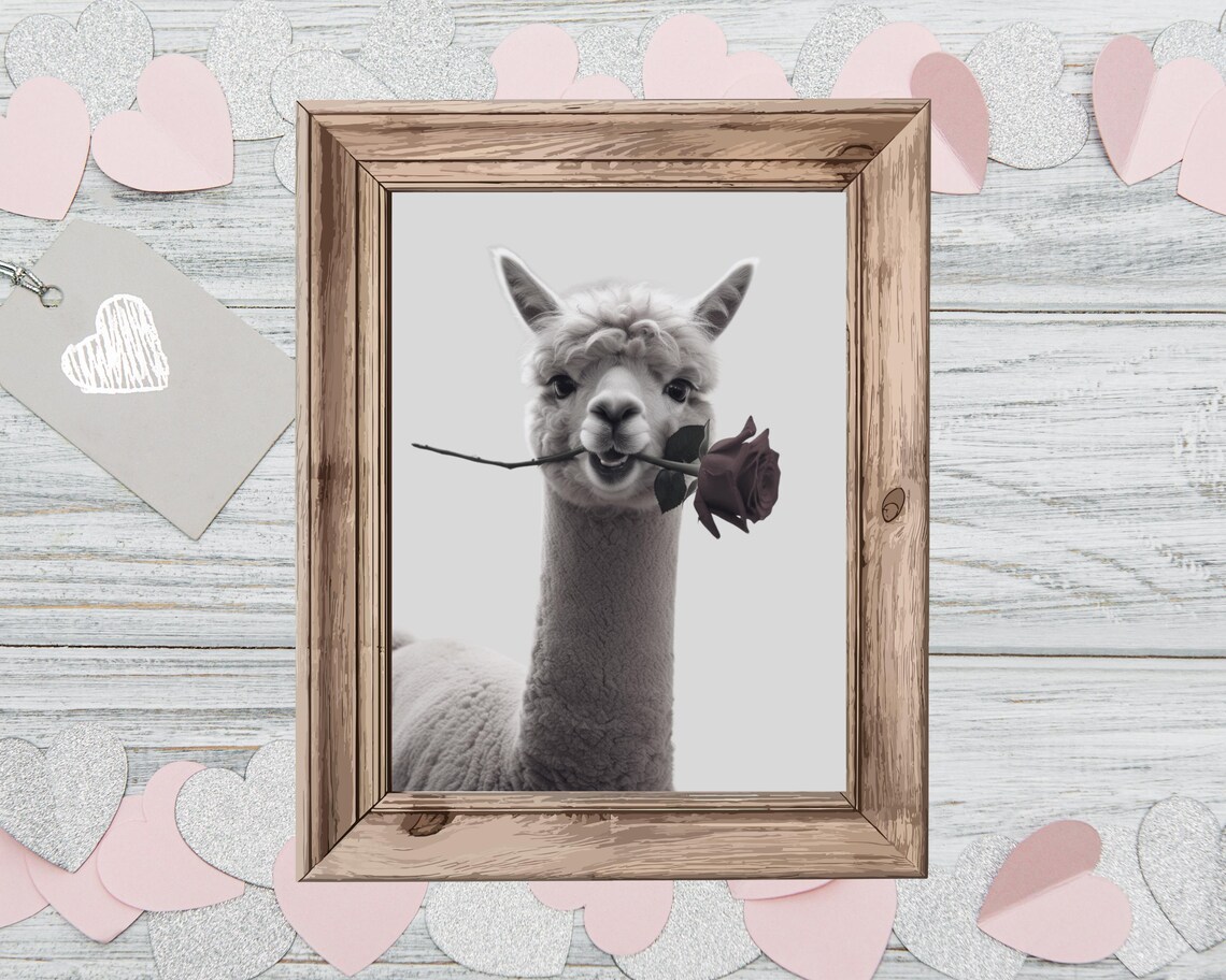 Alpaca Holding a Red Rose in Its Mouth Romantic Black and White Poster