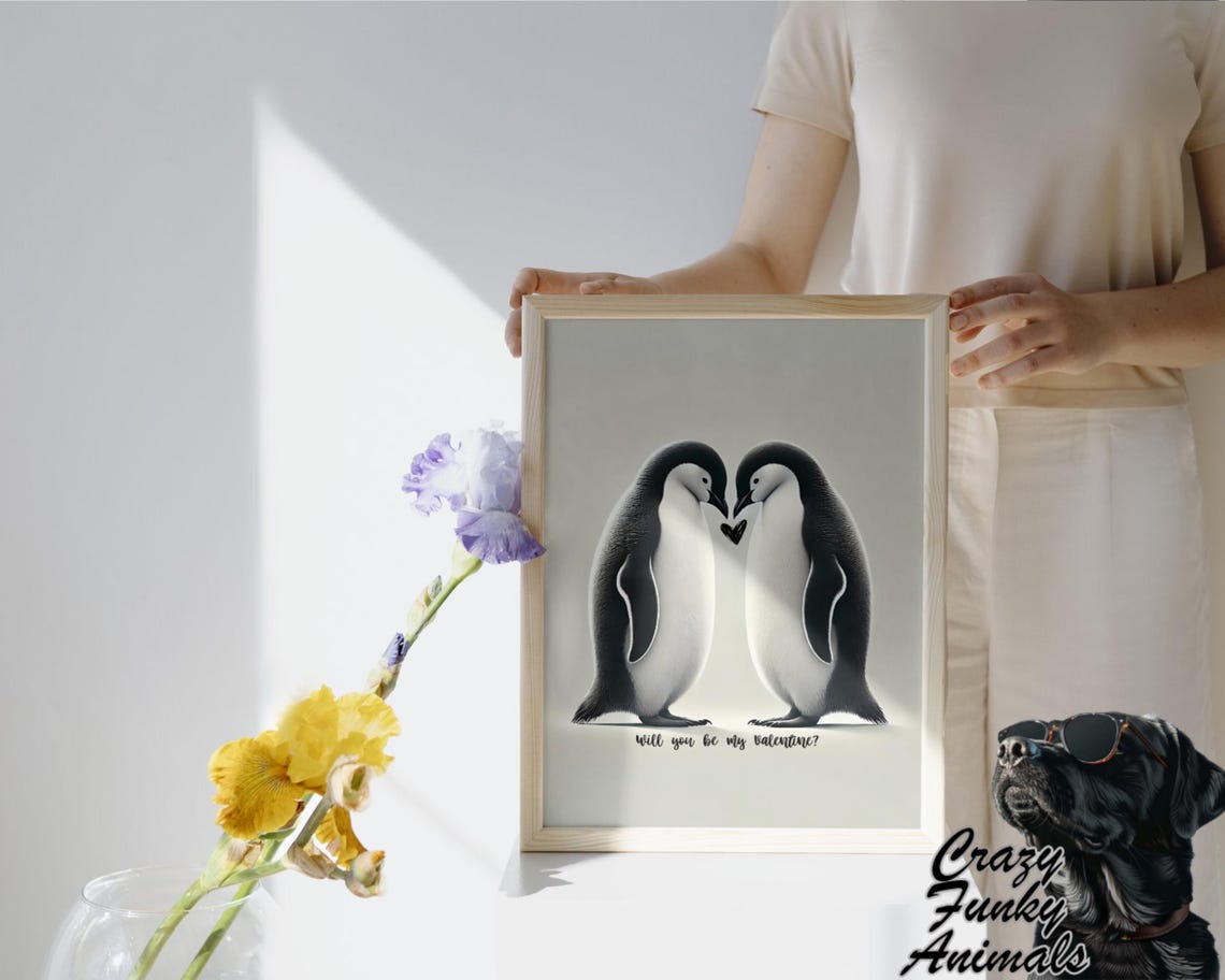 Two Penguins Touching Beaks Sharing a Heart Valentine Funny Poster - Image 3