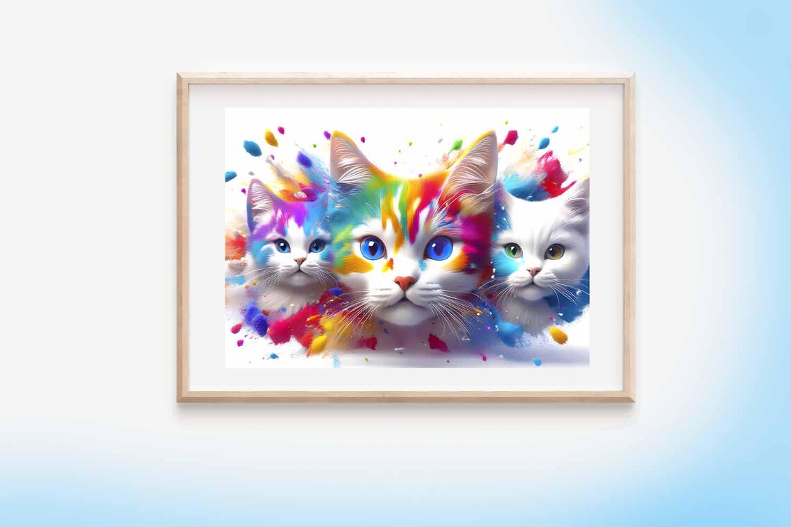 Three Cats With Rainbow Paint Splashes Horizontal Art Poster