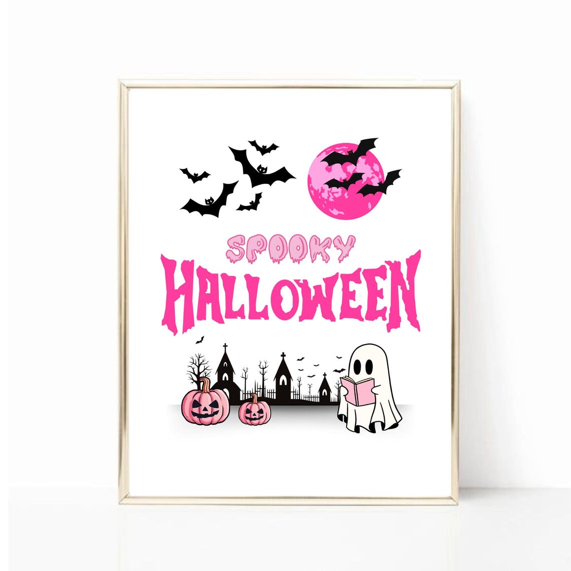 Spooky Pink Halloween Ghost Reading Book Bats Moon Pumpkins Art Poster - Image 3