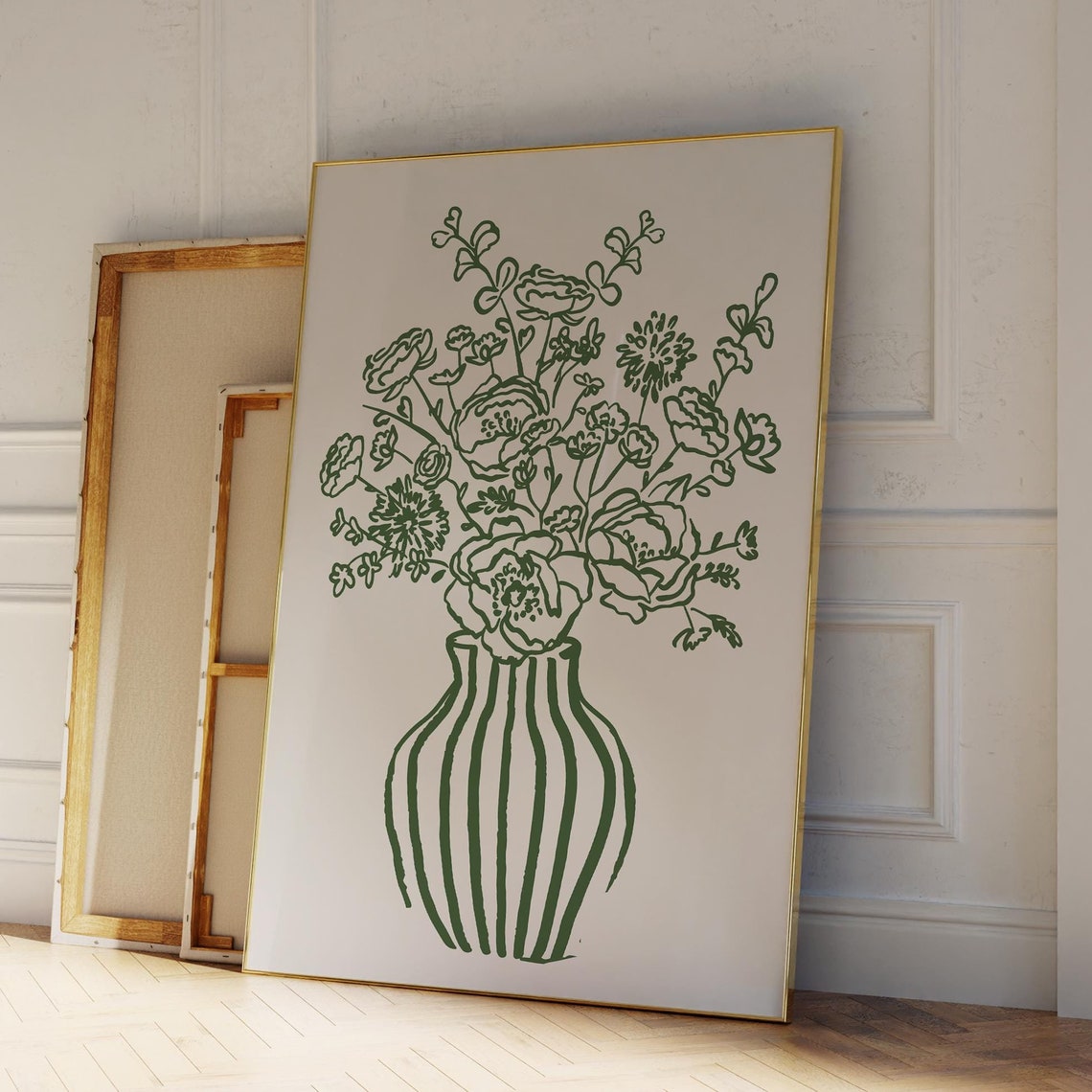 Green Floral Bouquet Striped Vase Line Art Cream Wall Poster