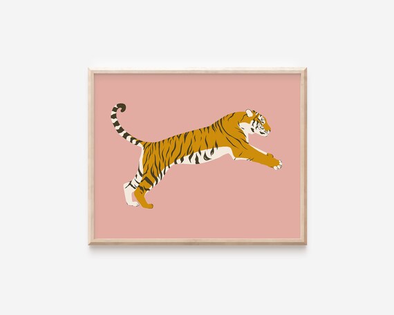Abstract Pink Tiger Illustration Leaping Big Cat Jungle Poster