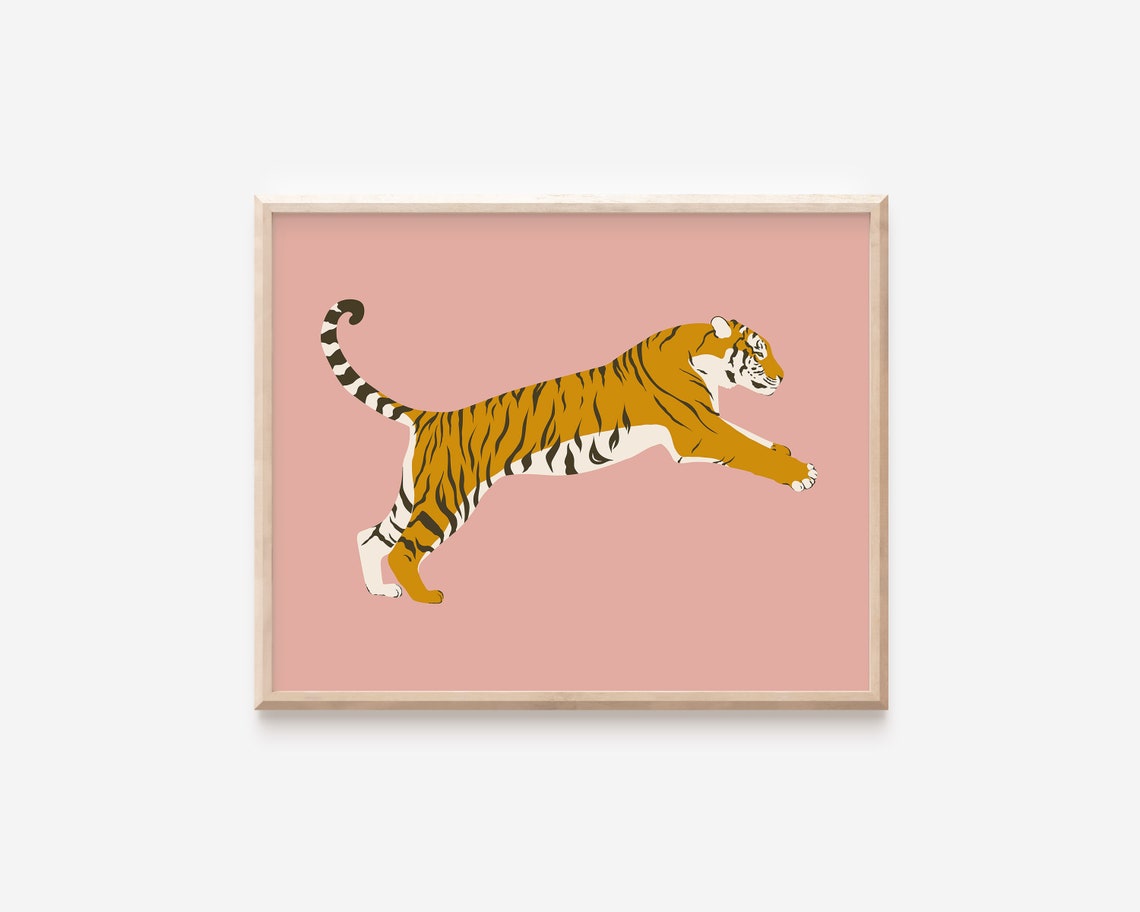 Abstract Pink Tiger Illustration Leaping Big Cat Jungle Poster