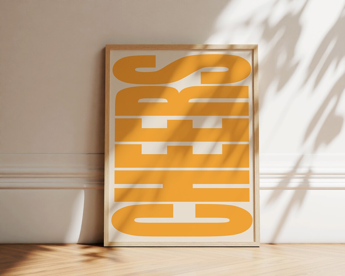 Cheers Typography Retro Poster, Yellow Wall Decor