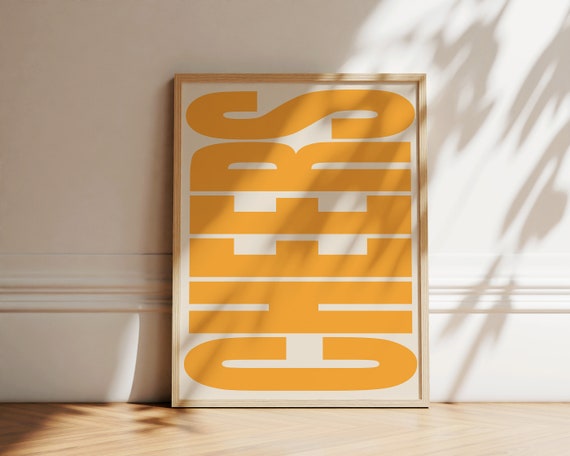 Cheers Typography Retro Poster, Yellow Wall Decor