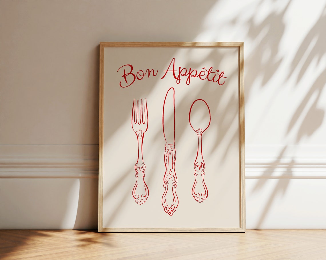 Bon Appetit Red Script Cutlery Line Drawing Kitchen Decor Wall Poster - Image 2