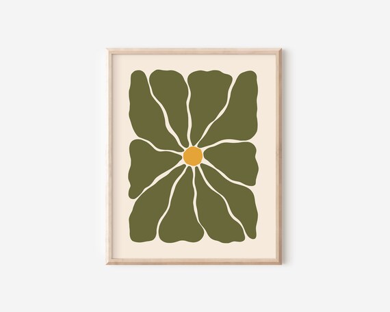 Retro Green Abstract Flower Yellow Center Groovy Trendy Wall Art
