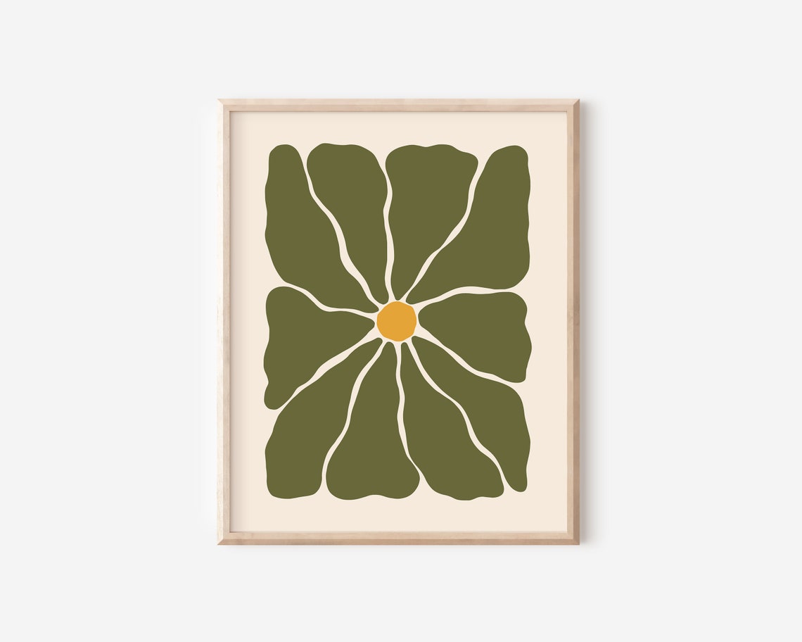 Retro Green Abstract Flower Yellow Center Groovy Trendy Wall Art