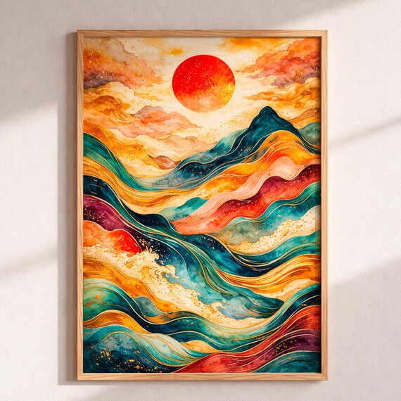 Abstract Sunset Ocean Waves Poster Japanese Sun Wall Art Teal Blue Gold Mountain Print Boho Home Decor Modern Landscape Watercolor Gift