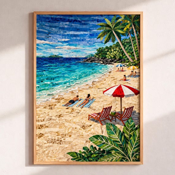 Vintage Tropical Beach Art Print Retro Summer Vacation Poster Coastal Wall Decor Aesthetic Travel Illustration Minimalist Seascape Gift