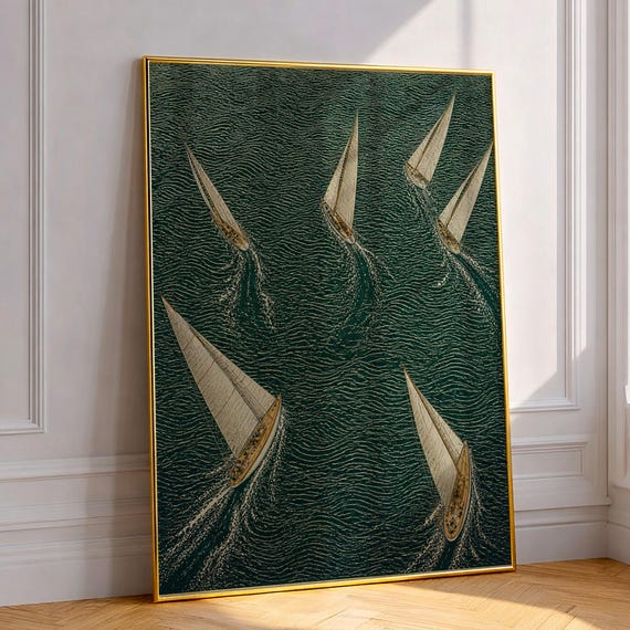 Sailboat Regatta Wall Art Print Nautical Etching Style Maritime Decor Classic Yacht Fleet Poster For Office Or Coastal Home