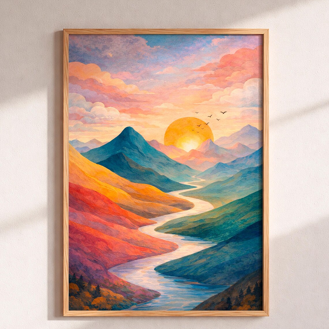 Mountain Sunset Watercolor Art Print, Abstract Landscape