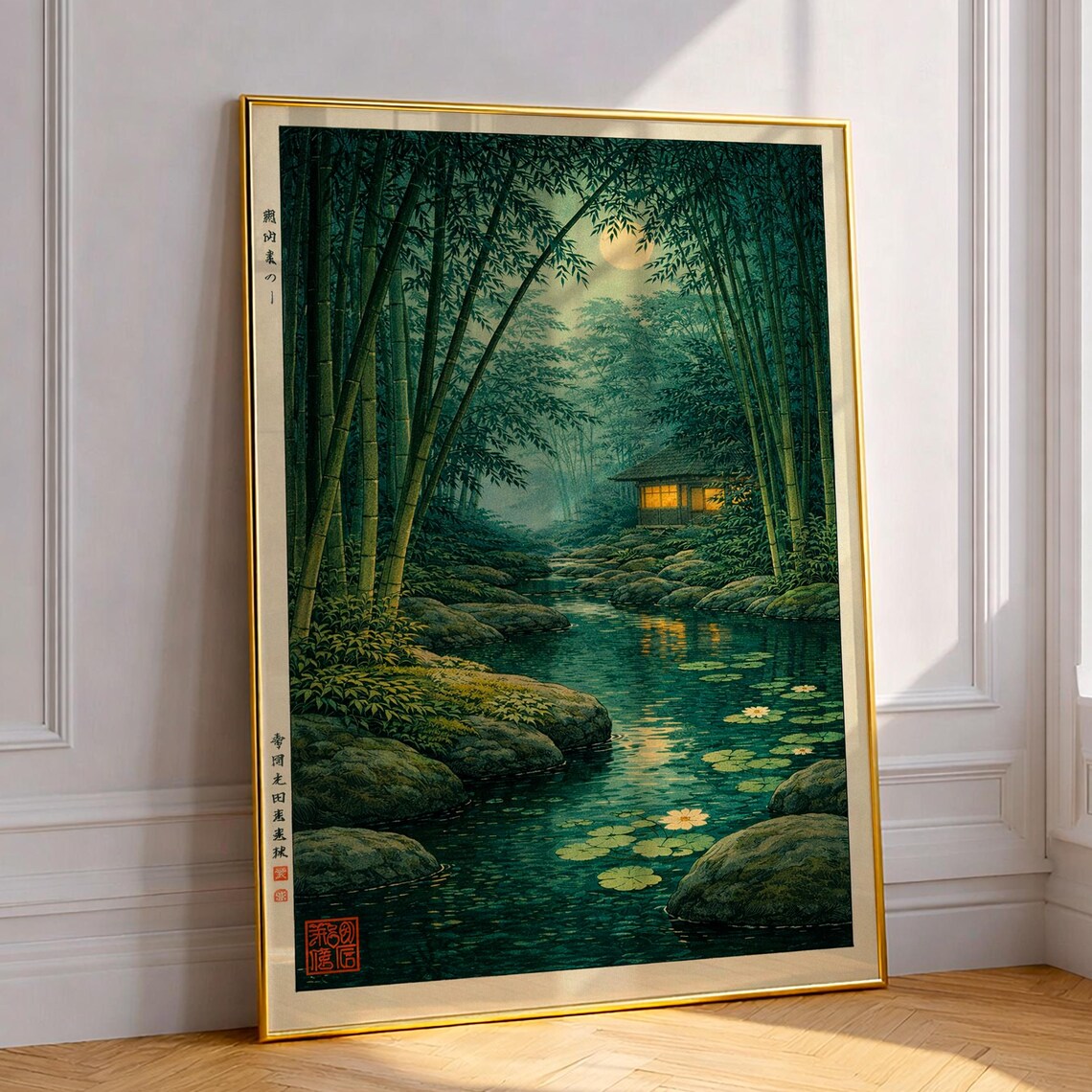 Moonlit Bamboo Forest Stream Japanese Night Shinhanga Woodblock Poster