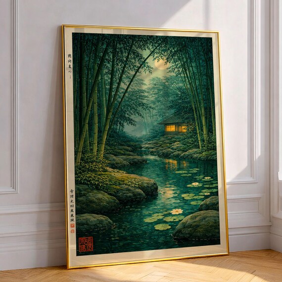 Japanese Wall Art Bamboo Forest Night Moon Poster Kawase Hasui Style Shinhanga Woodblock Print Zen Decor Calm River Landscape Nature Gift