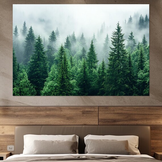 Pine Forest Covered With Fog Print Misty Forest Wall Art Foggy Forest Art Dense Forest Painting Framed And Ready To Hang