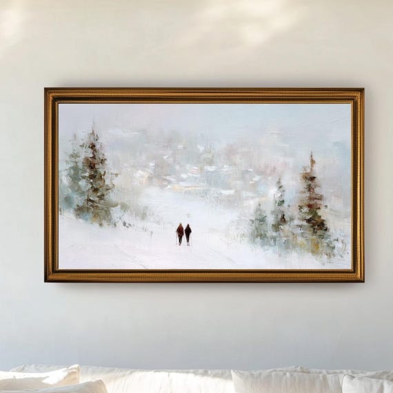 Ski Village Winter Landscape, Cozy Cabin Art Print