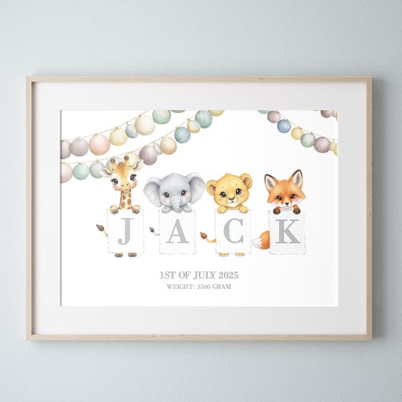 Animal Safari Personalized Baby Birth Poster Newborn Gift Nursery Print Elephant Giraffe Lion Fox Kids Room Decor