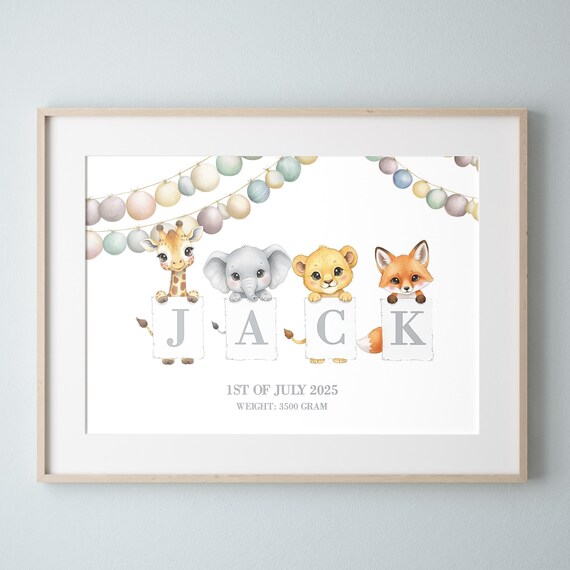 Personalized Safari Baby Birth Stats Poster Newborn Gift Nursery Animals