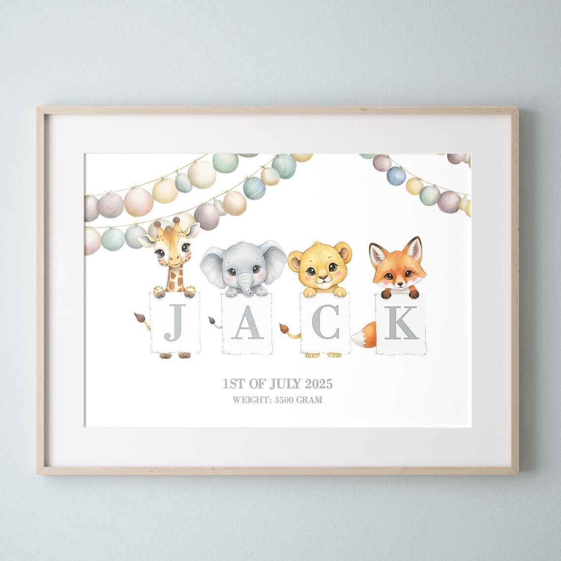 Personalized Safari Baby Birth Stats Poster Newborn Gift Nursery Animals